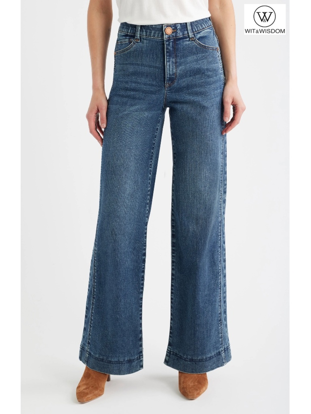 WIT & WISDOM NWT GRACIE SKYRISE DOUBLE SIDE SEAM MID BLUE WIDE LEG JEAN. SIZE 8